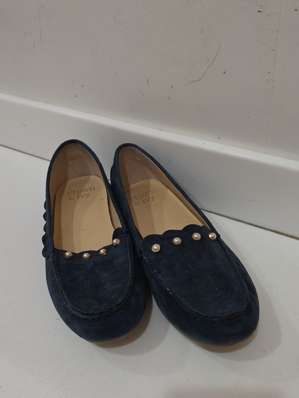 Crown & Ivy Leah Navy Suede Pearl Studded Loafers